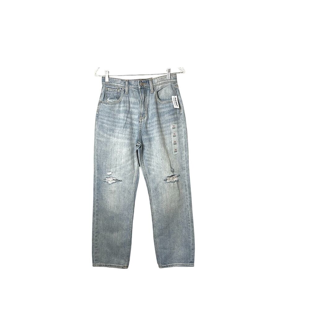 Old Navy Jeans Girls Size 14 Blue High Rise Straight Leg Light Distressed NWT